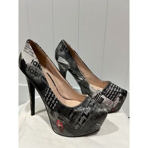 BUMPER Womens Size 10 Black White Newspaper Print Platform Stiletto High Heels